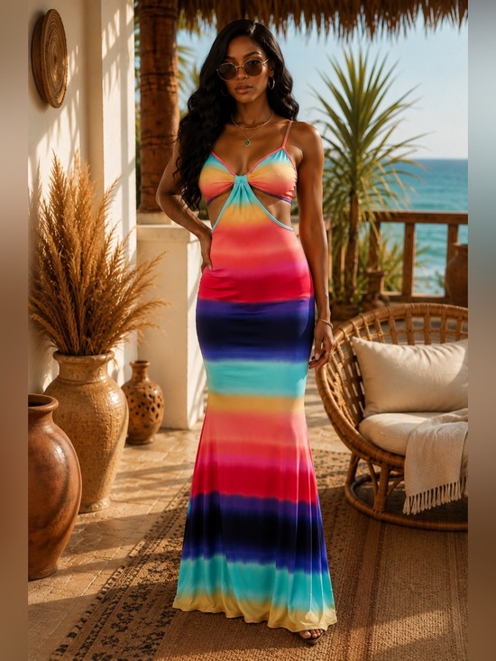 Surelymine Dresses & Skirts - Rainbow Ombre Maxi Dress with Tie-Front Detail